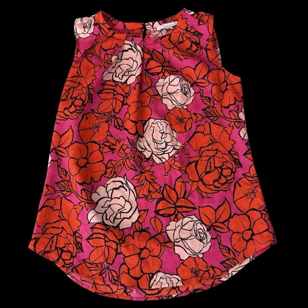 New York & Co Sleeveless Floral Blouse Pleated Pink Red Vibrant
